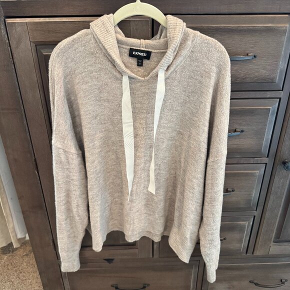 Express Women’s Beige Knit Hoodie Sweater Size Large Cozy Neutral Pullover Large - Picture 1 of 7